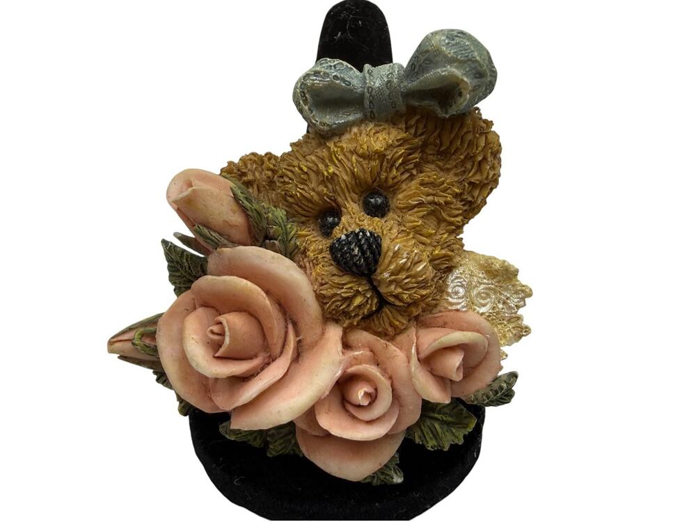 VTG Boyds Teddy Bear Resin Brooch Pin Pink Roses & Blue Bow Cottagecore Decor 2"